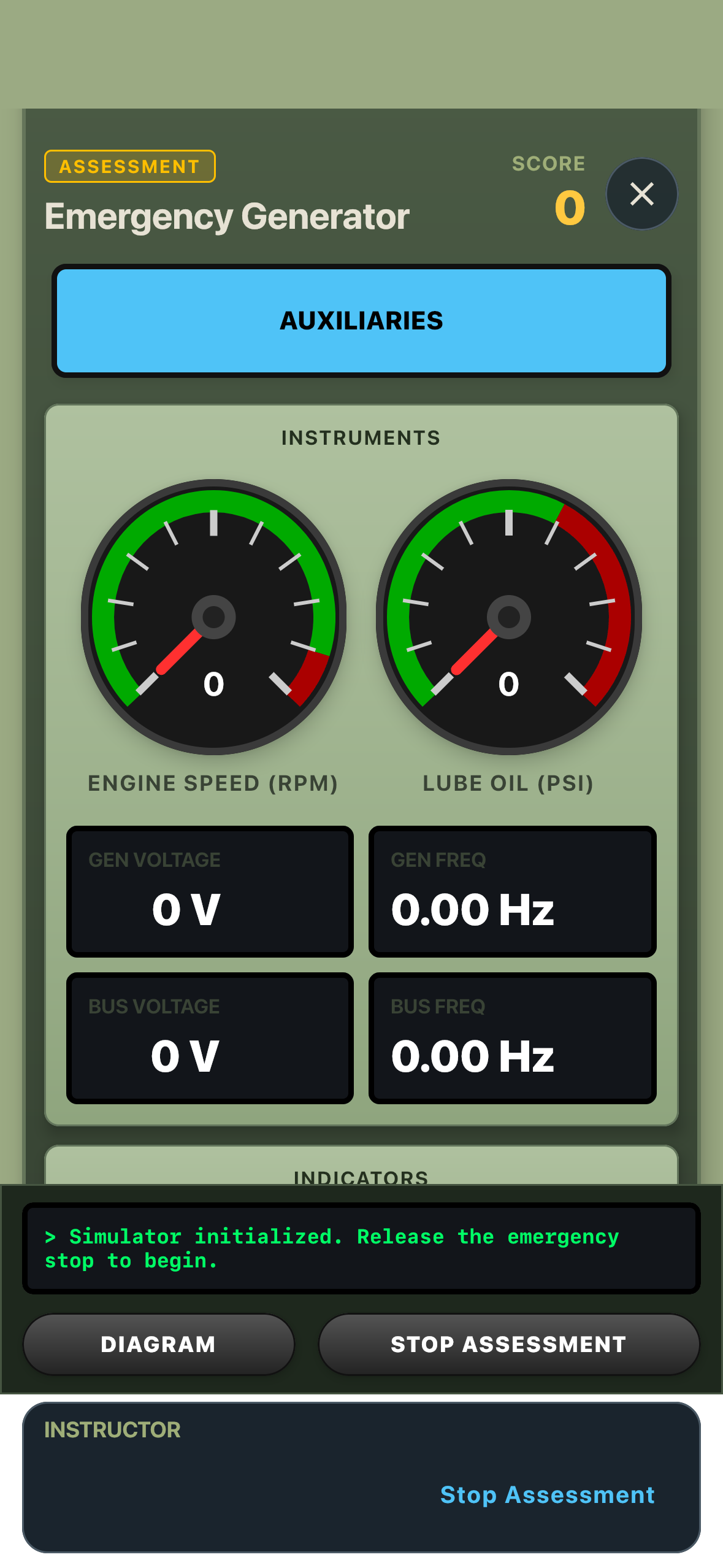 Emergency diesel generator assessment screen